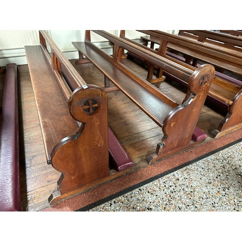 235 - Magnificent set of 5 pitch pine church pews with carved ends and with leather cushioned kneelers, 10... 
