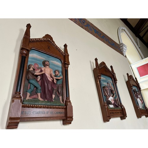 238 - A magnificent set of 14 Stations of the Cross in plaster and hand painted, 43'' h x 20''w