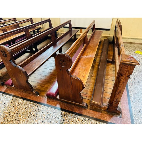 237 - Magnificent set of 5 pitch pine church pews with carved ends and with leather cushioned kneelers. Th... 