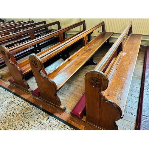 236 - Magnificent set of 5 pitch pine church pews with carved ends and with leather cushioned kneelers, 10... 