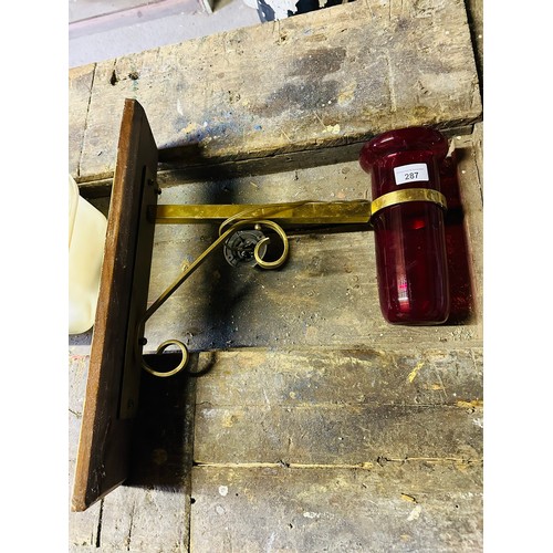 287 - Brass Sanctuary lamp and red shade, 14''