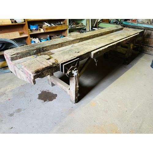 288 - Vernacular carpenters work bench with vice Paramo No. 51 and a handmade wooden vice, 9'8'' long