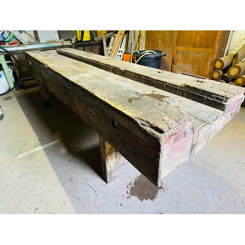 288 - Vernacular carpenters work bench with vice Paramo No. 51 and a handmade wooden vice, 9'8'' long