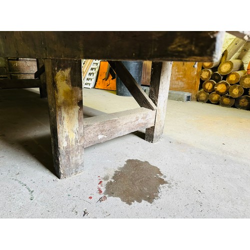 288 - Vernacular carpenters work bench with vice Paramo No. 51 and a handmade wooden vice, 9'8'' long
