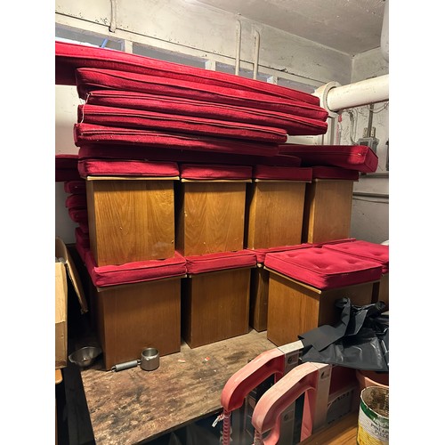 292 - A collection of 17 oak veneered benches with red cushions. 19''h x 16'' square