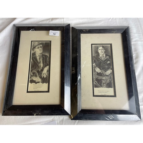 18 - A pair of framed pictures featuring Oscar Wilde and James Joyce, 9.5'' x 14''