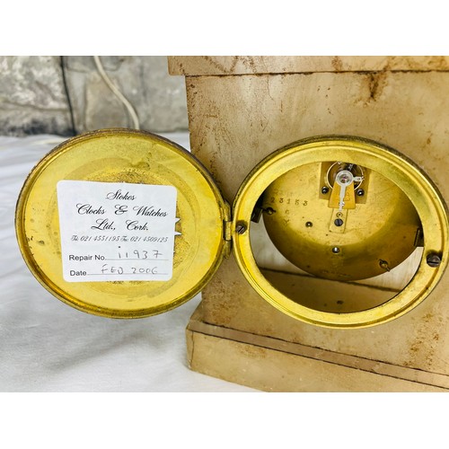 24 - Superb alabastor bracket clock with ormolu mounts. 7'' x 4'' x 9''h Repair label for Stokes Cork