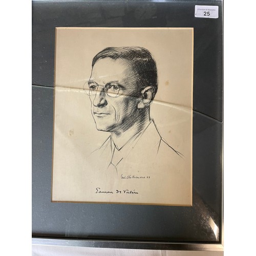 25 - Framed print of De Valera by Sean O'Sullivan RHA, brass bust on marble, and other De Valera ephemera