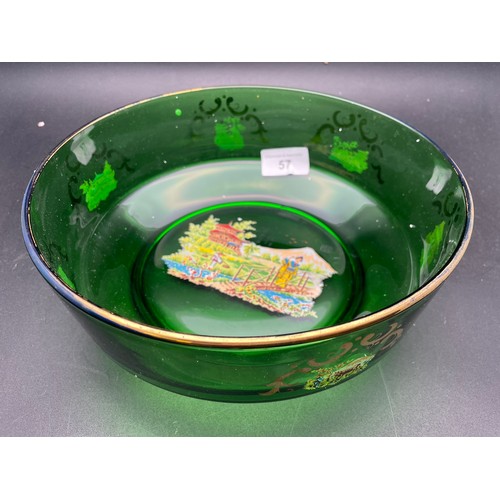 57 - 9'' green mid century bowl with signed country depictions, gilded top and sides