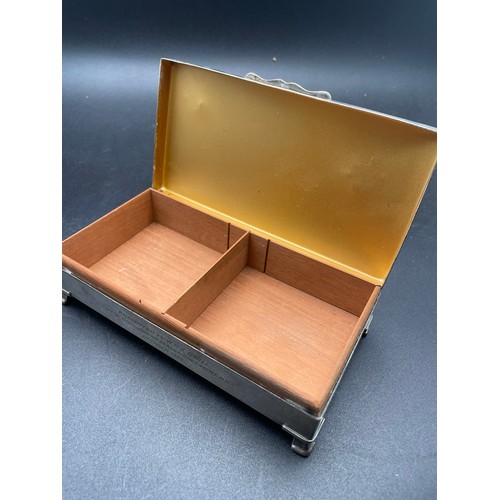 59 - Inscribed mid century militaria desk box. Epns with gilded and cedar wood interior 6.5''x 3.5'' x 2'... 