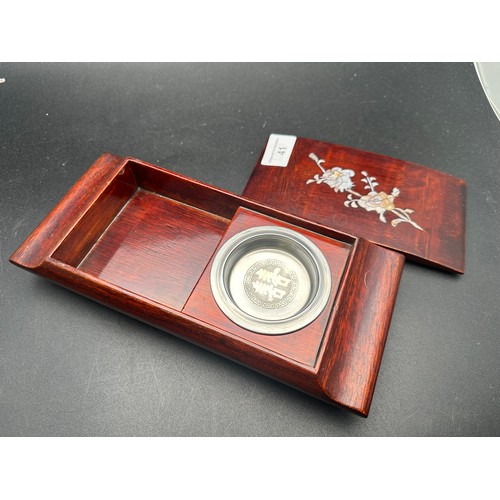 41 - Oriental wooden desk tidy with mother of pearl inlay, 4''w x 9.5''