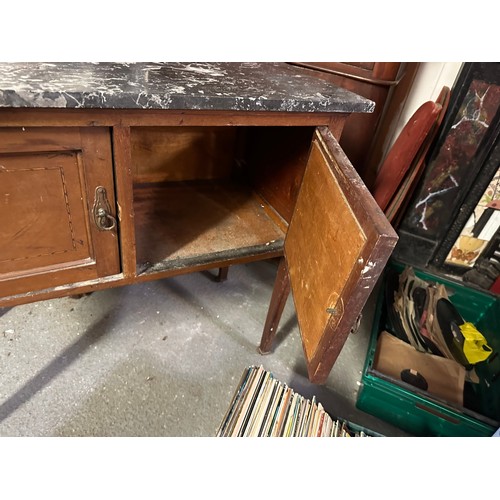 424 - Victorian inlaid washstand on castors with marble top, 3ftw x17''d x 30''h