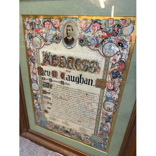 50 - A gilt framed illuminated address to Fr. M. Vaughan C.C. on the occassion of his leaving the parishe... 