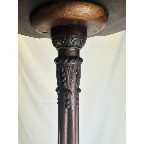 52 - Ornate mahogany carved plant stand with ball and claw feet, with brass label for Drudge and Co. Lond... 