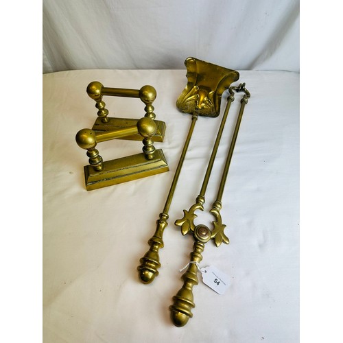 53 - Brass fire irons and 2 brass dogs, 26''l