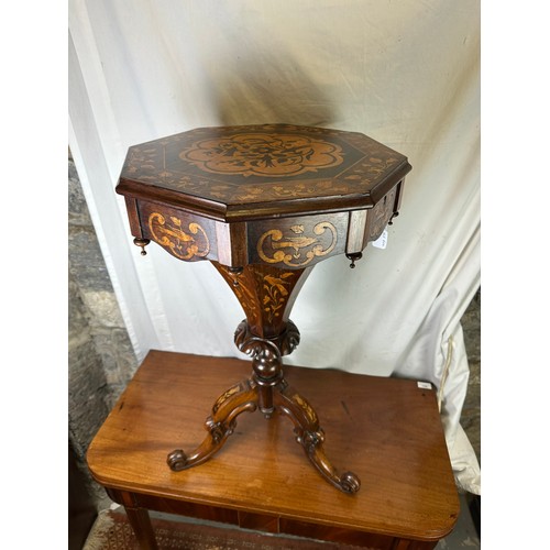 301 - Victorian heavily inlaid sewing table on centre pod in the Killarney style inlay, hinged top, 30