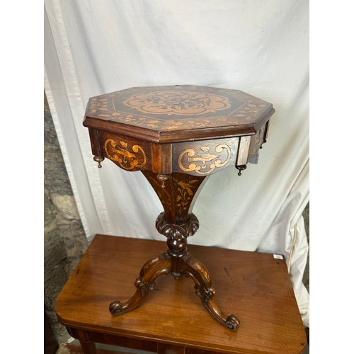 301 - Victorian heavily inlaid sewing table on centre pod in the Killarney style inlay, hinged top, 30