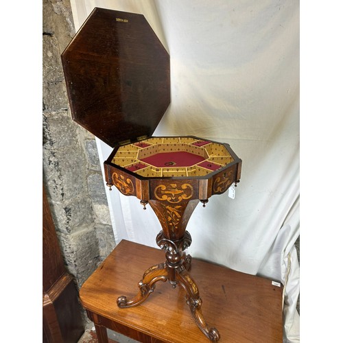 301 - Victorian heavily inlaid sewing table on centre pod in the Killarney style inlay, hinged top, 30