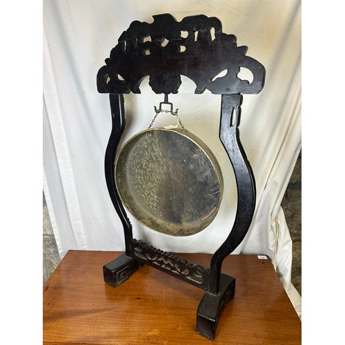 302 - Heavy Ebony carved oriental brass Chinese Gong and frame