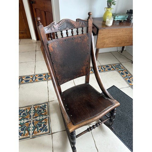 312 - Oak carved Victorian French rocking chair, solid, seat h 17''