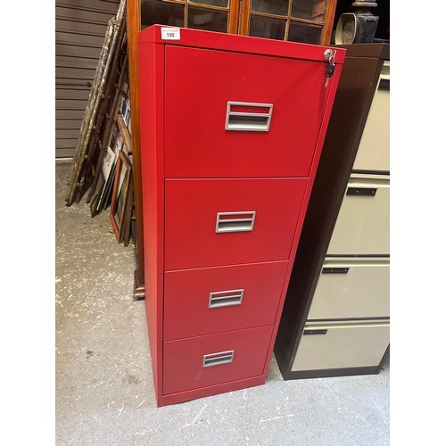 23 - Red 4 door filing cabinet with key, excellent condition