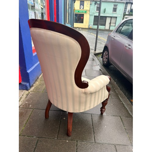 307 - Victorian style mahogany ladies armchair with beautiful pinstripe cream covering in excellent condit... 