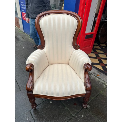 307 - Victorian style mahogany ladies armchair with beautiful pinstripe cream covering in excellent condit... 