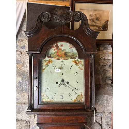 51A - Beautiful oak Georgian Grandfather clock with hand painted face and carved top.