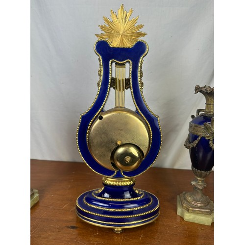 399 - French style Marie Antoinette brass ornate clock and two vases (not matching)