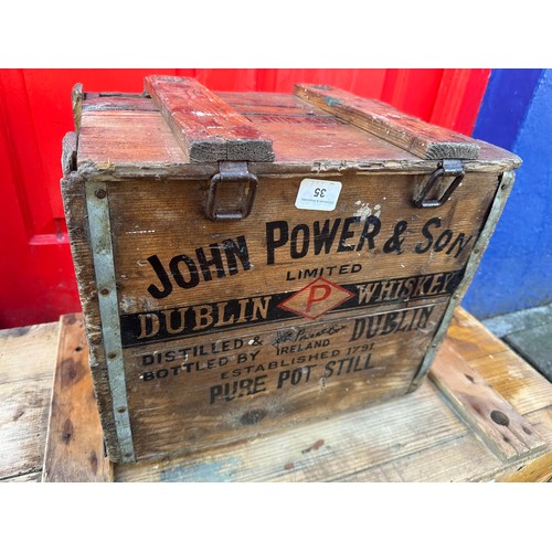 35 - John Power & Sons Pure Pot Still whiskey wooden crate H38cm W41cm D30cm