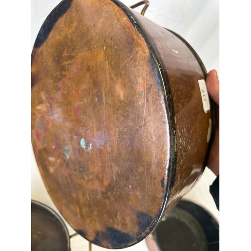 217 - 3 Copper cooking saucepans largest H13cm W40cm D26cm