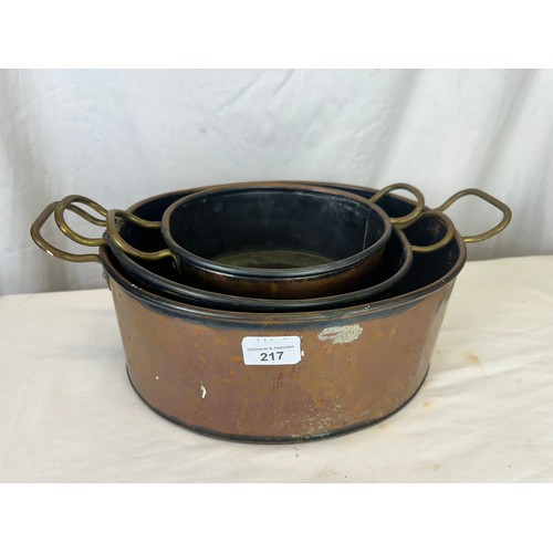 217 - 3 Copper cooking saucepans largest H13cm W40cm D26cm