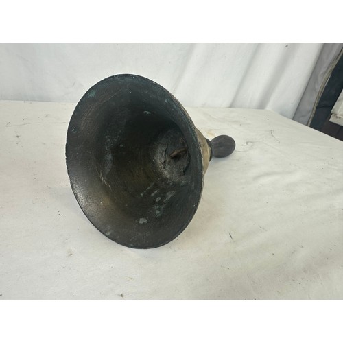 188 - Vintage pub bell with an oak handle, clapper missing