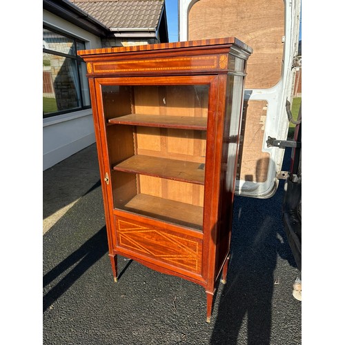 133 - Inlaid 3 shelf display cabinet on 4 serpentine legs, single glazed door, 34''w x 17''d x 64''h