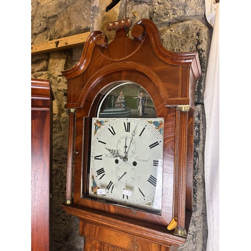 97 - Magnificent oak grandfather clock, complete, hand painted face with brass fittings, second hand and ... 