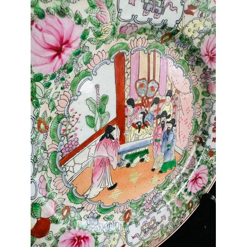 46 - Two Oriental pictorial  Famille hand painted 
large platters stamped  , no chips or cracks. 
H30cm