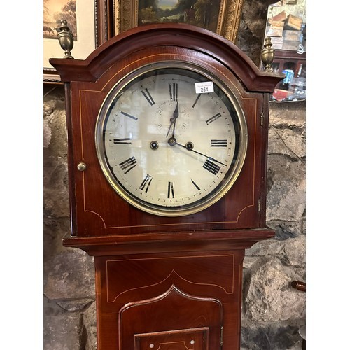 139 - Superb Victorian grandfather clock with curved head, brass finials and mother of pearl inlay, 79'' x... 