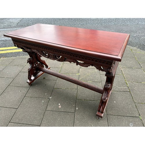 237 - Large mahogany console table profusely carved with climbing cats, 54''w x24''d x 35''h