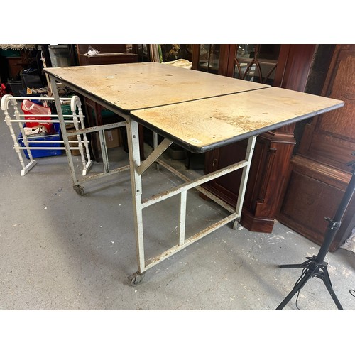 185 - Large box iron work bench on castors, 40''h x 62''l x 35''w