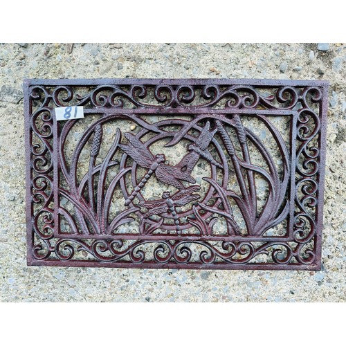 431 - Cast iron door mat  with dragonfly  motif 58l x 37 cm d