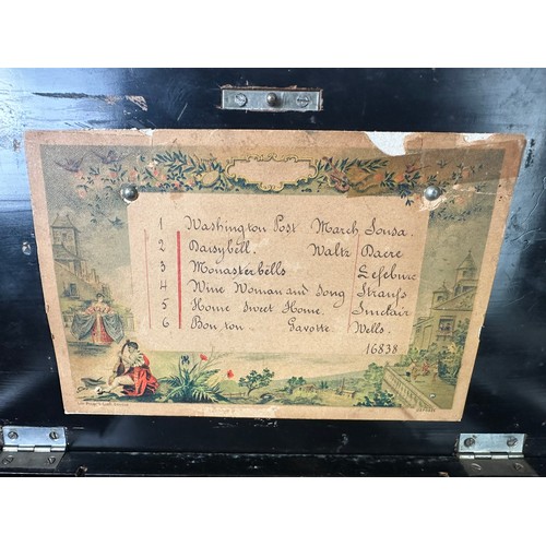 489 - Antique Swiss cylinder music box. Plays 6 airs. circa 1888. Original tune sheet on inside of lid.