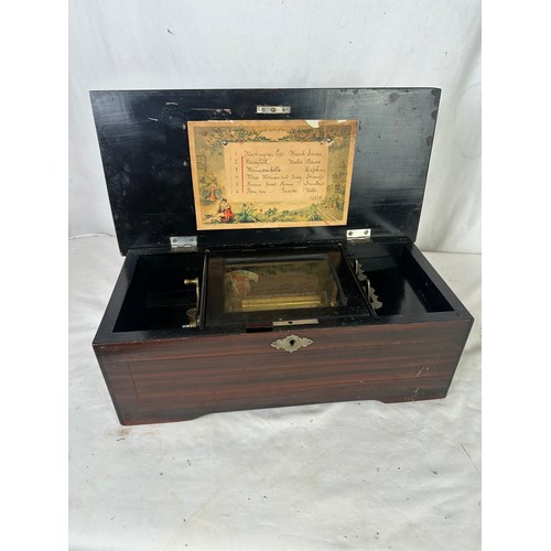 489 - Antique Swiss cylinder music box. Plays 6 airs. circa 1888. Original tune sheet on inside of lid.