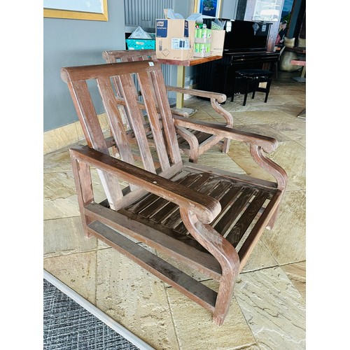 10 - 2 wooden easy garden lounge chairs 78cm W x 87cm H, very solid