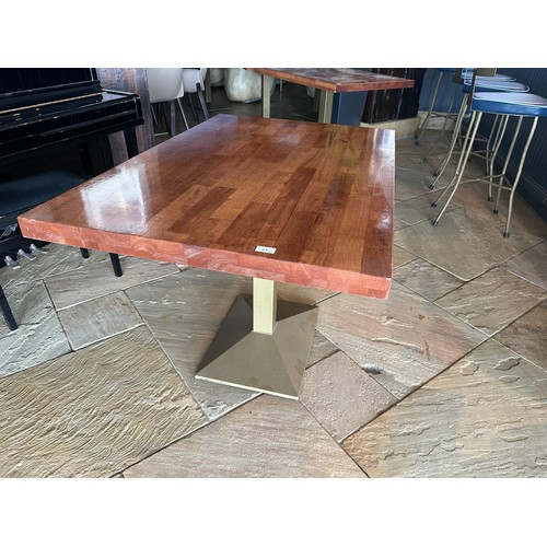 31 - 2 tables, very heavy, teak top with heavy brass pedastal, 120cm x 80cm x77cm H