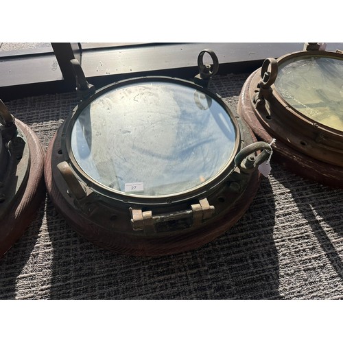 27 - Vintage brass ships porthole, circular window with mirror insert, diameter 55cm
