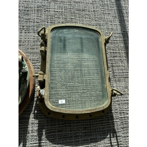 47 - Vintage brass ships porthole, rectangular window with clock face insert, diameter 71cm x 50cm