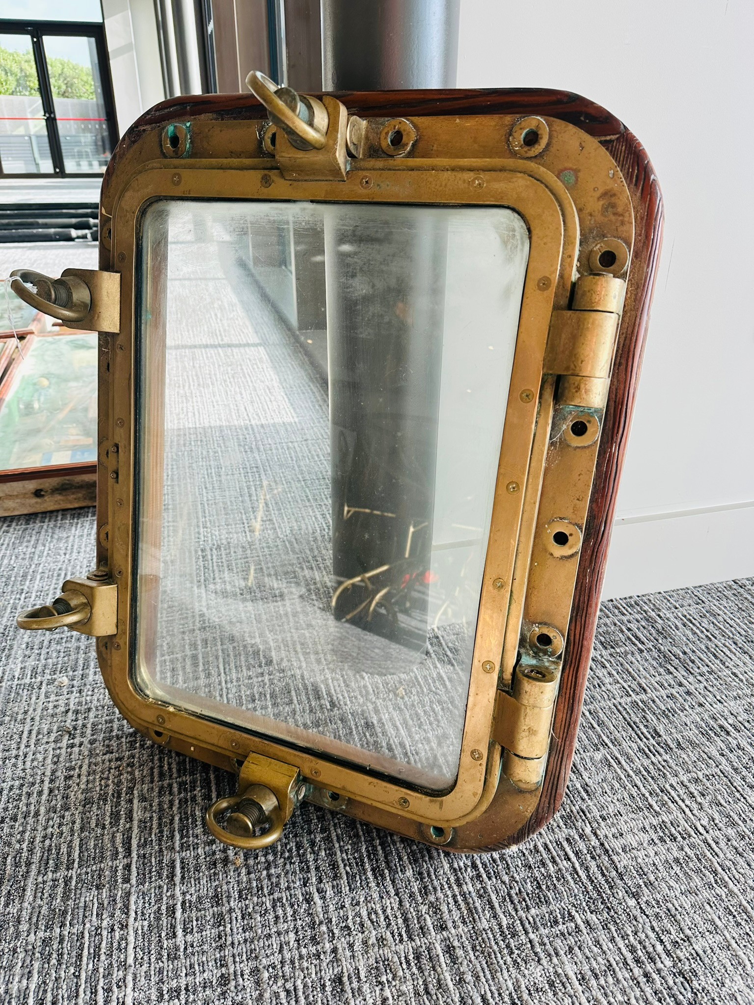 Heavy vintage rectangular brass ships porthole, 60cm x 80cm