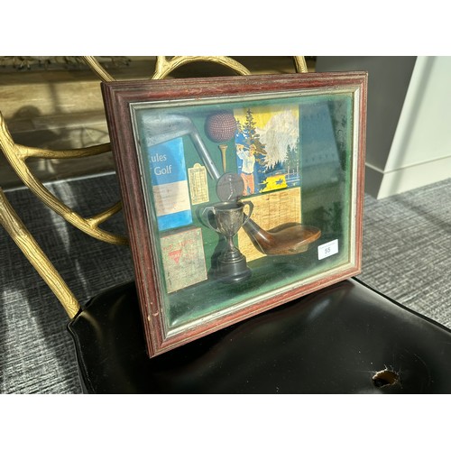 55 - Vintage golf memorabilia shadow box containing various golf related pieces, 35cm x 30cm