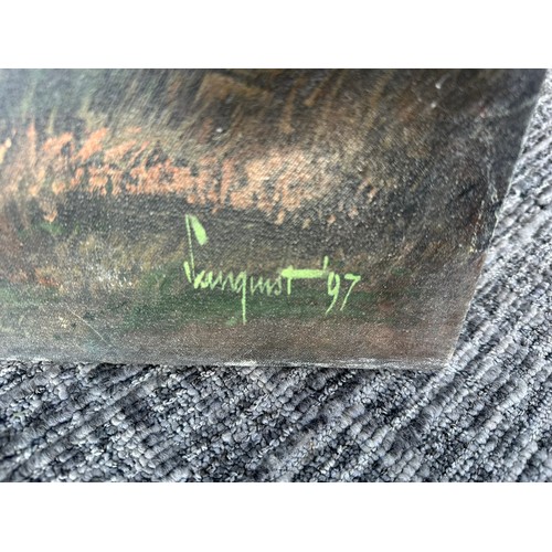 53 - Large Oil on canvas, 17th hole Old Head Golf Links, Kinsale with Lighthouse in background, signed lr... 