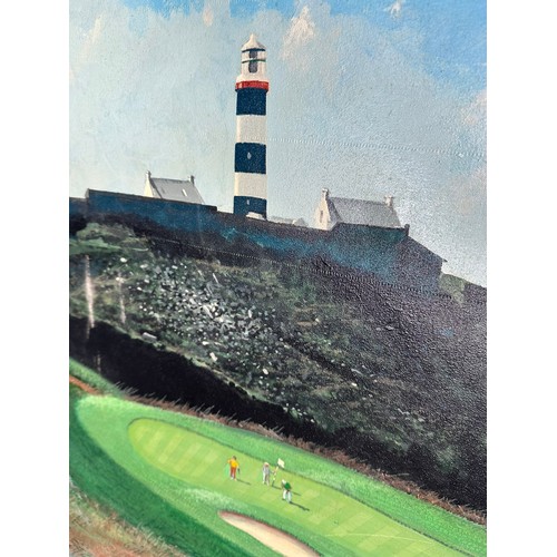 53 - Large Oil on canvas, 17th hole Old Head Golf Links, Kinsale with Lighthouse in background, signed lr... 